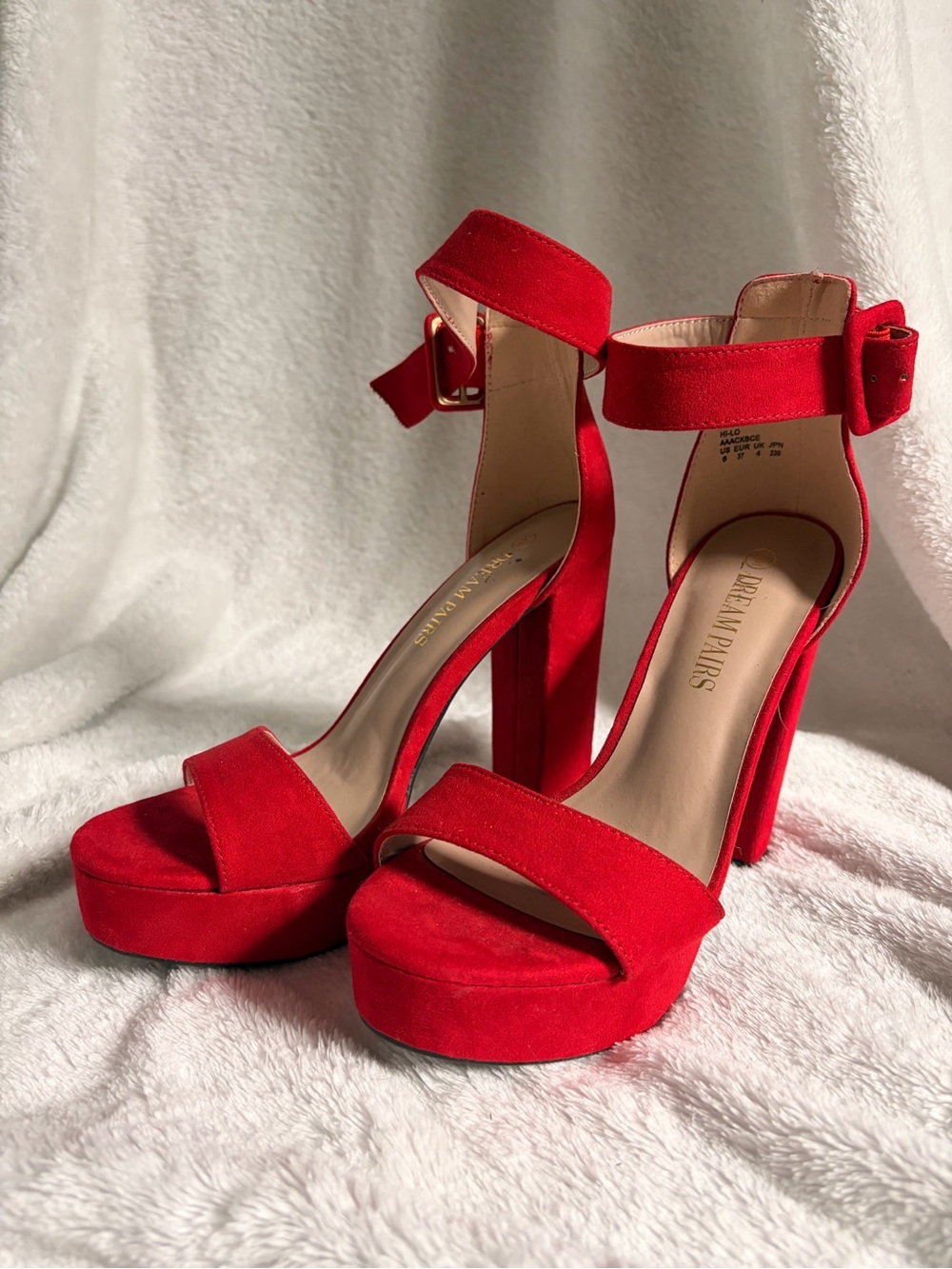 Amazon Red Suede-Look Platform Ankle Strap Heels
